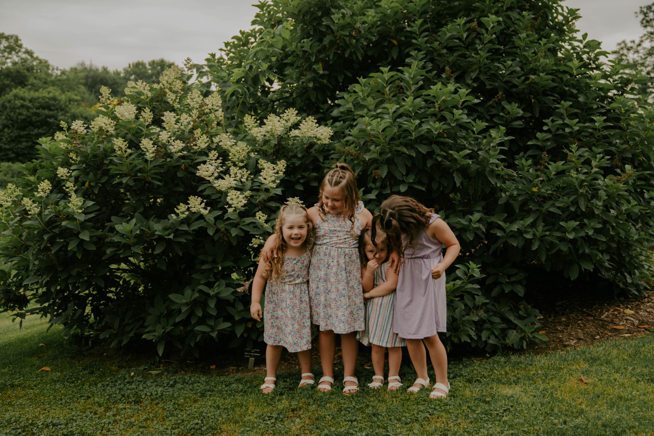 Children in coordinated outfits gathered on lawn near flowering shrubs.
