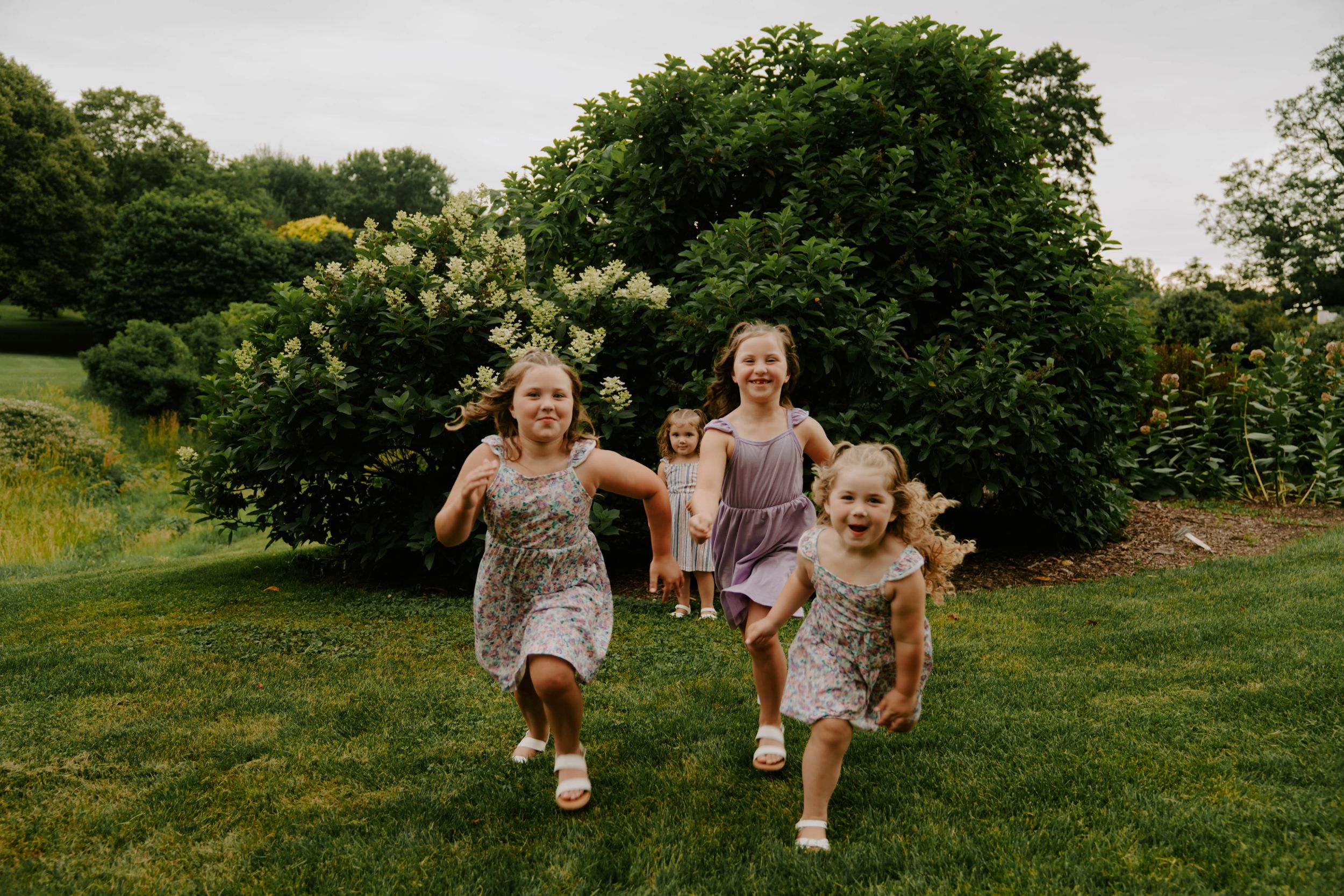 Playful summer photoshoot on green hillside with flowering bushes.