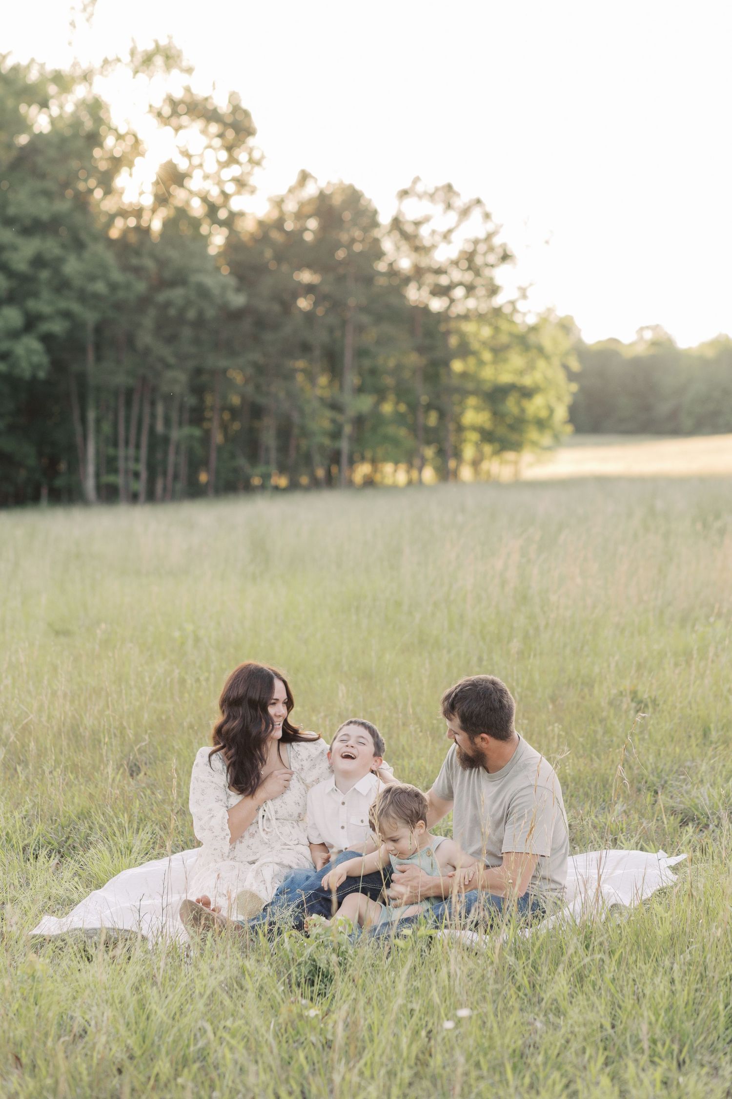 Family of four sitting on a blanket in a sunlit meadow laughing together.