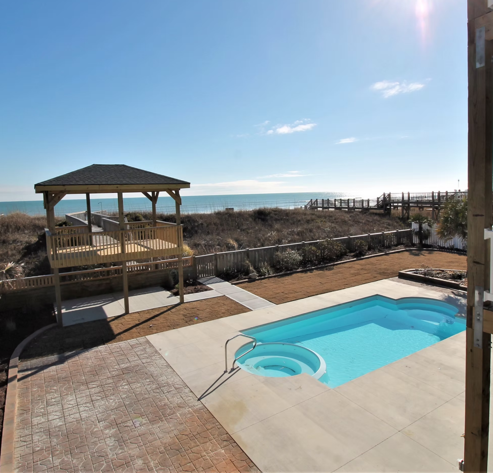 Panoramic series of photos showing a beachfront pool deck with swimming pool and wooden pergola overlooking the ocean.