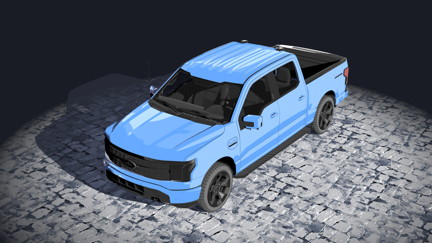 Light blue sports car model shown from multiple angles on cobblestone surface in studio lighting setup.