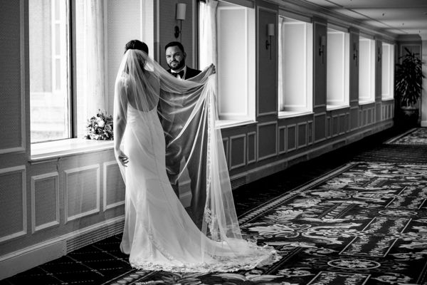 Historic wedding at The Graduate Providence. Elegant grand staircase photography in Rhode Island by professional Stefy Hilmer Photography.