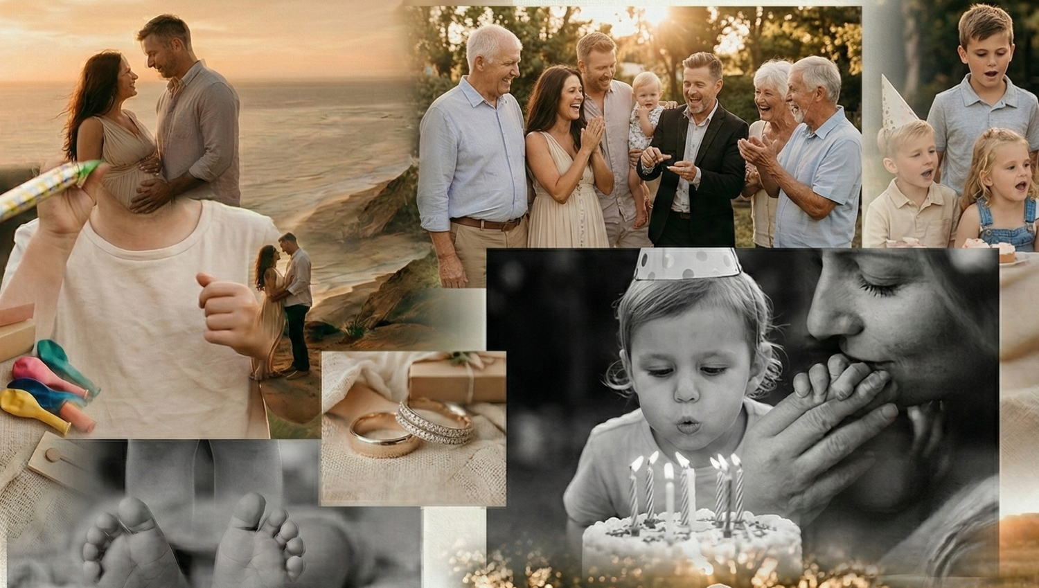 A romantic collage of intimate wedding moments showing couples embracing, dancing, and celebrating their special day together.
