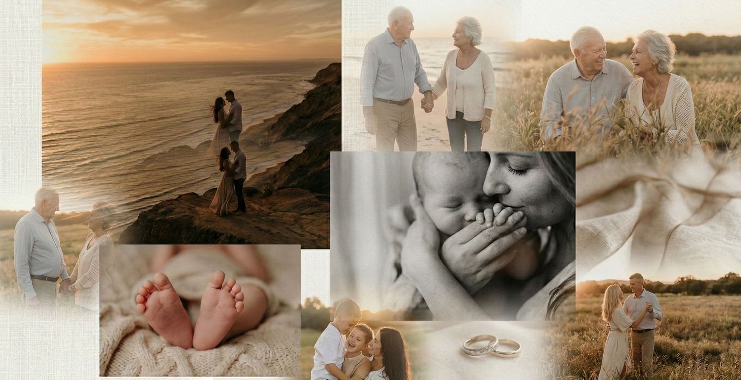 A collection of romantic sunset beach engagement and wedding photography moments captured in warm golden light.