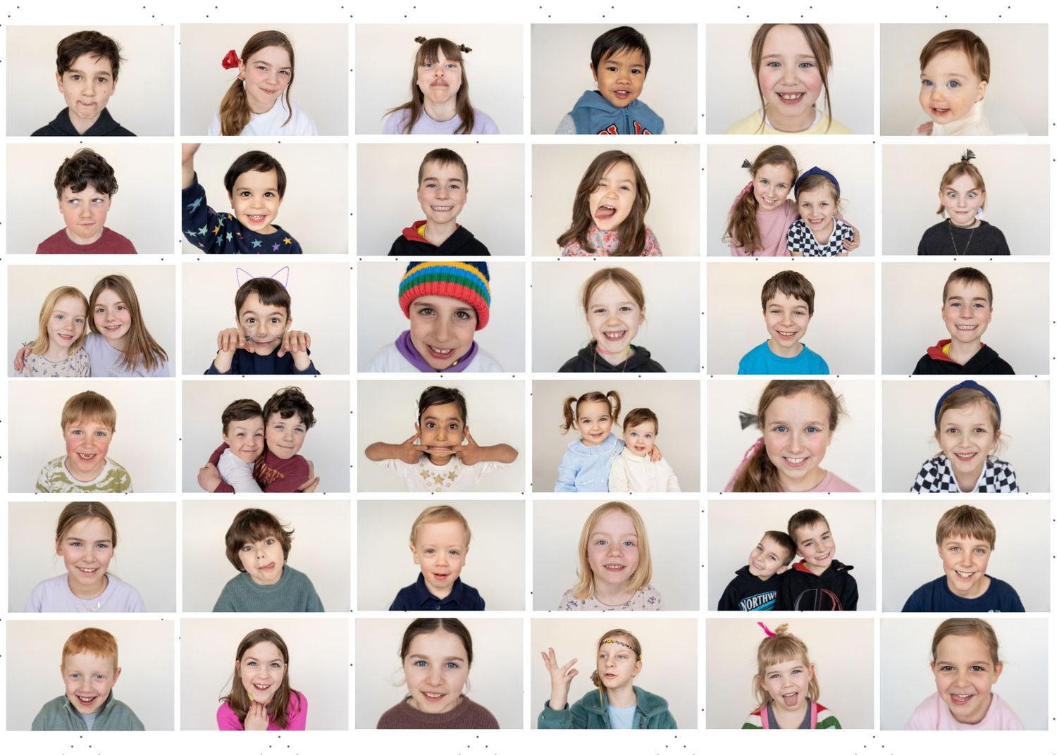 A photo collage grid showing multiple candid portraits of children in casual settings with various expressions and poses.