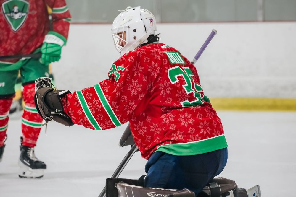 Ice hockey players in red and green uniforms compete during a game on the rink.