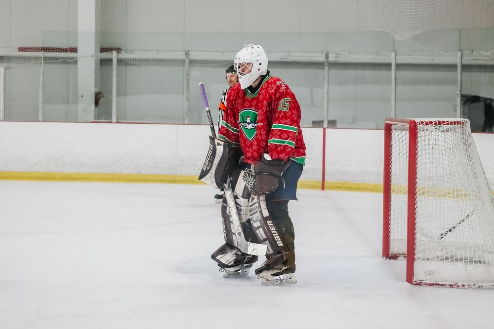Hockey goalie in red jersey positions themselves near the goal post.