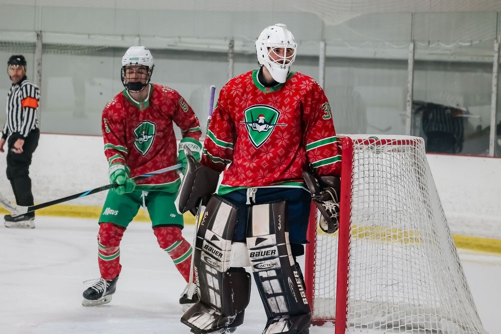 Players in green and red uniforms compete during an ice hockey match.