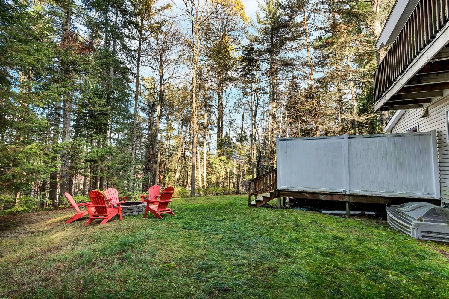 Backyard setting with red Adirondack chairs and tall pine trees surrounding a modern house.