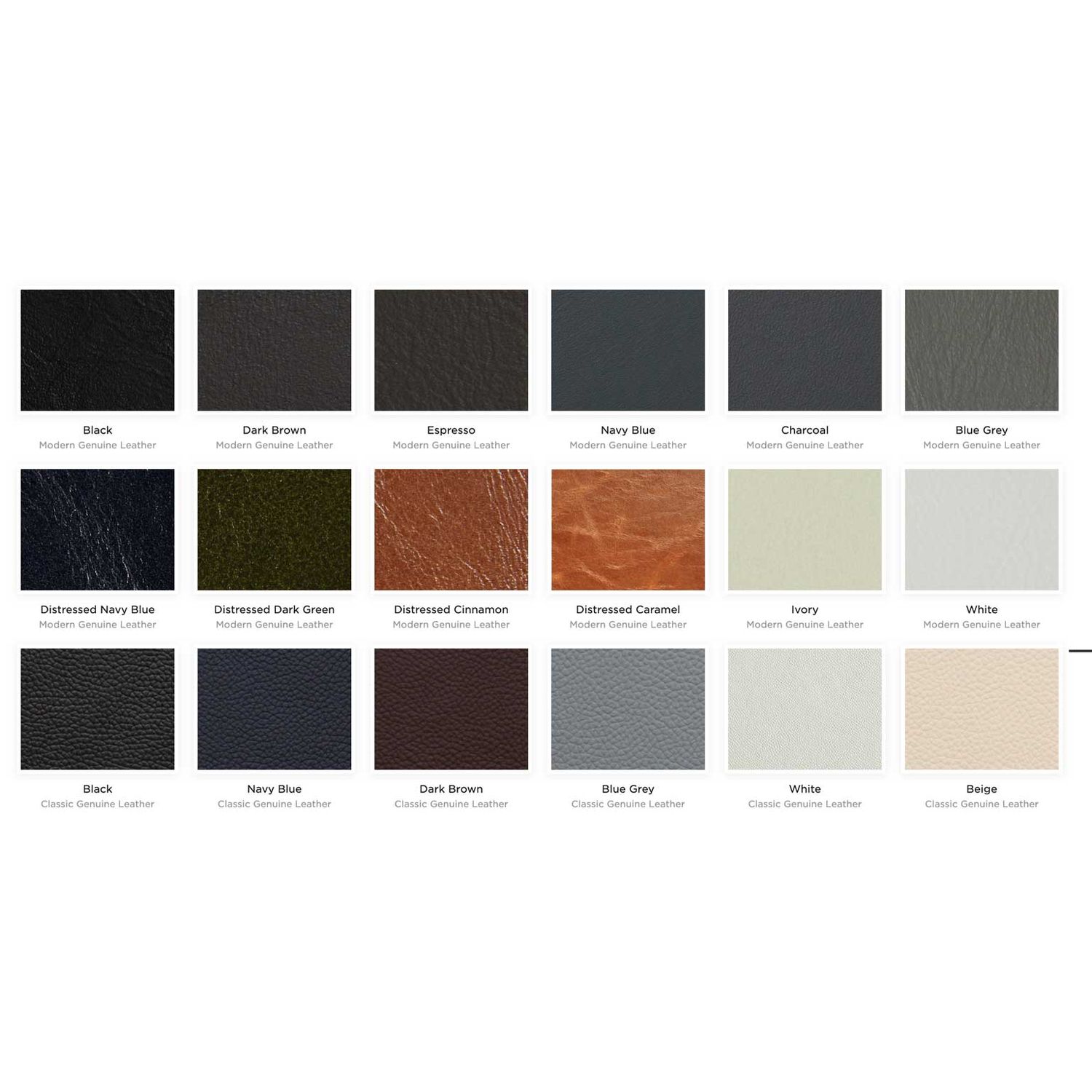 A collection of leather and fabric color swatches arranged in rows showing various shades and textures.