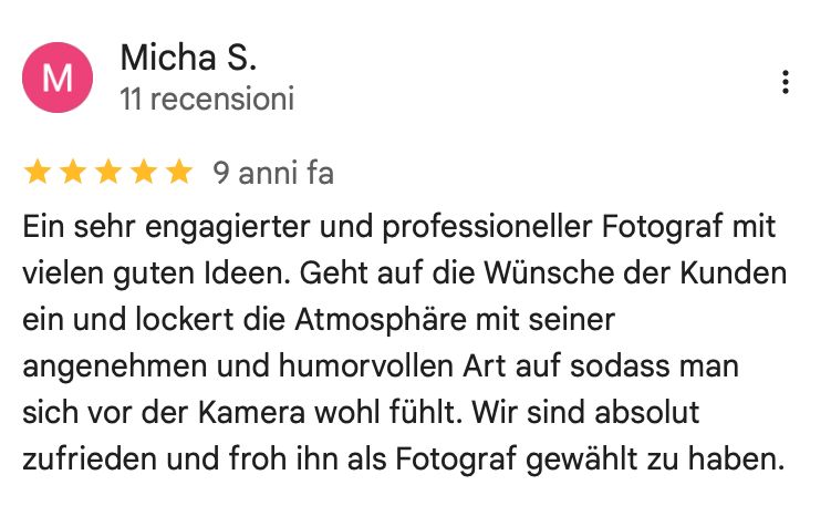 Bewertung : Engagierter, professioneller Fotograf mit tollen Ideen. Humorvolle Art lockert Atmosphäre vor der Kamera auf. Sehr zufrieden