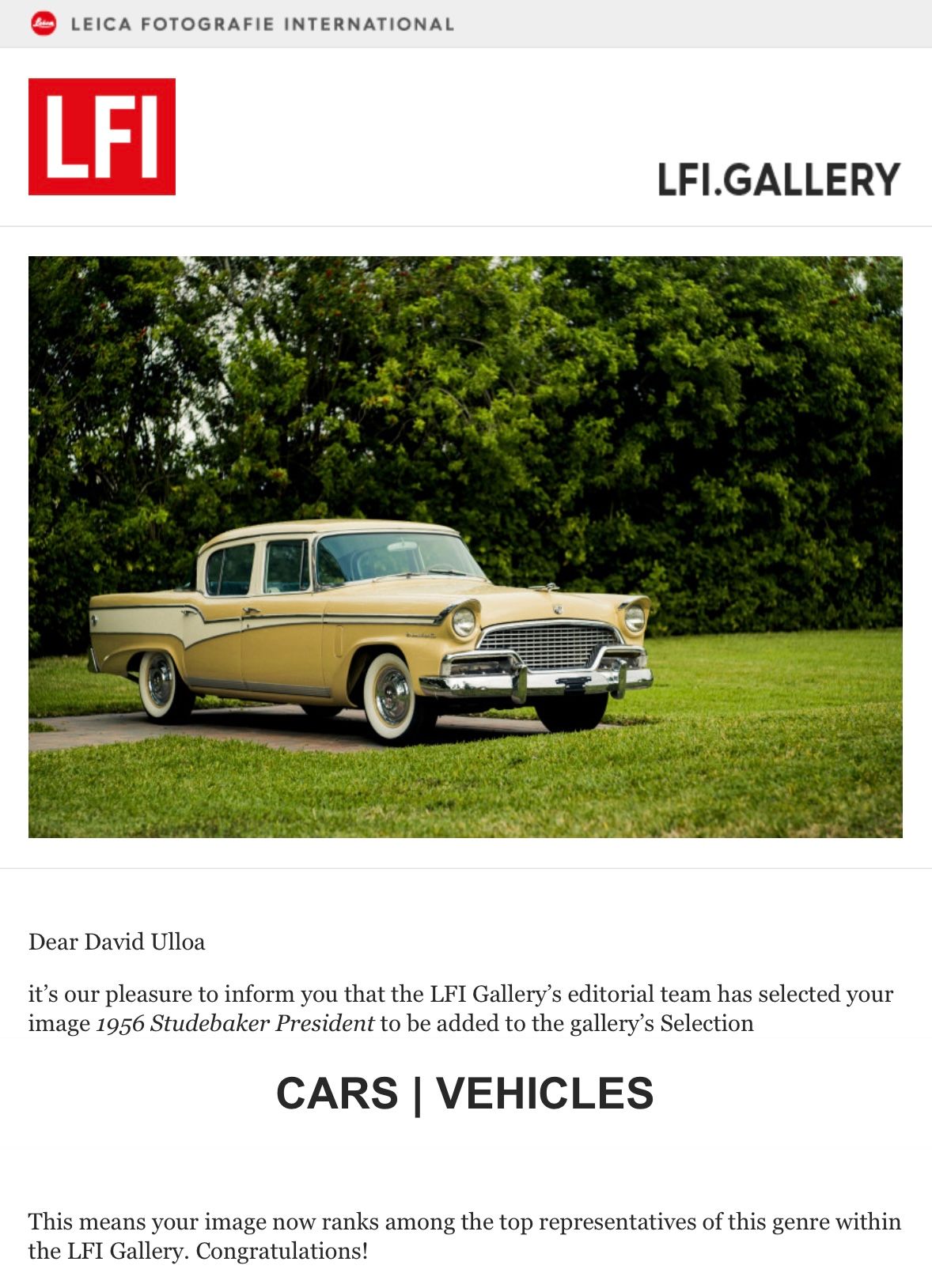 Screenshot of Leica Photography International gallery acceptance notification.