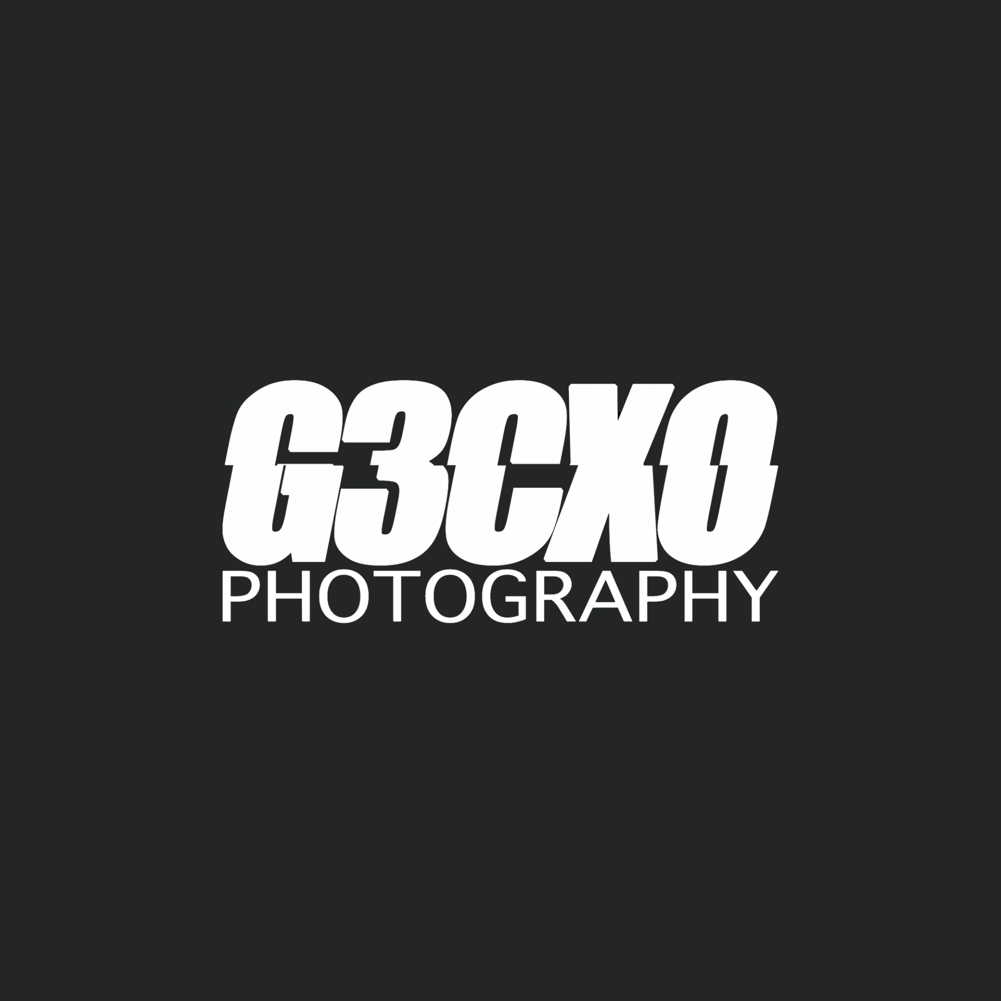 White text spelling 'GECKO PHOTOGRAPHY' on black background with minimalist modern design.