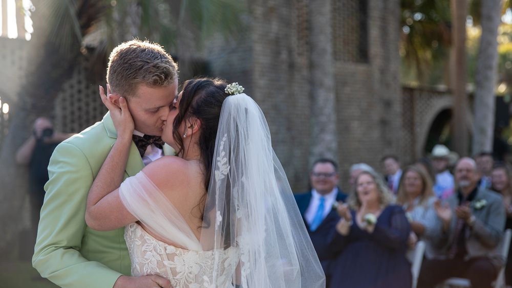 A romantic wedding photo collage showing couples sharing intimate kisses and embraces during their special day.