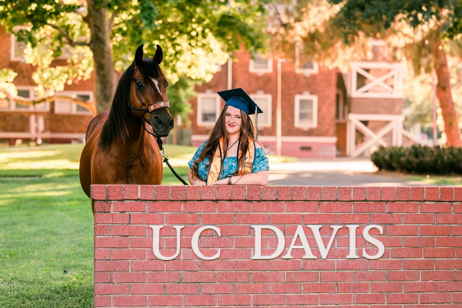 UC Davis senior with her horse captured in front of UC Davis sign by Northern California Equine Photographer Lauren Ann Photography