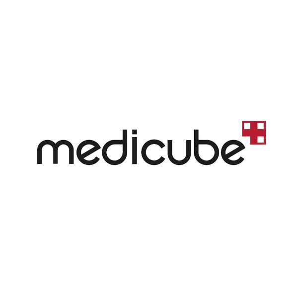 Black text Medicube logo with a red medical cross symbol on white background.