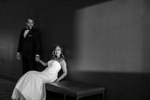 A black and white photo collage shows wedding moments including a couple dancing and a bride in a flowing dress.