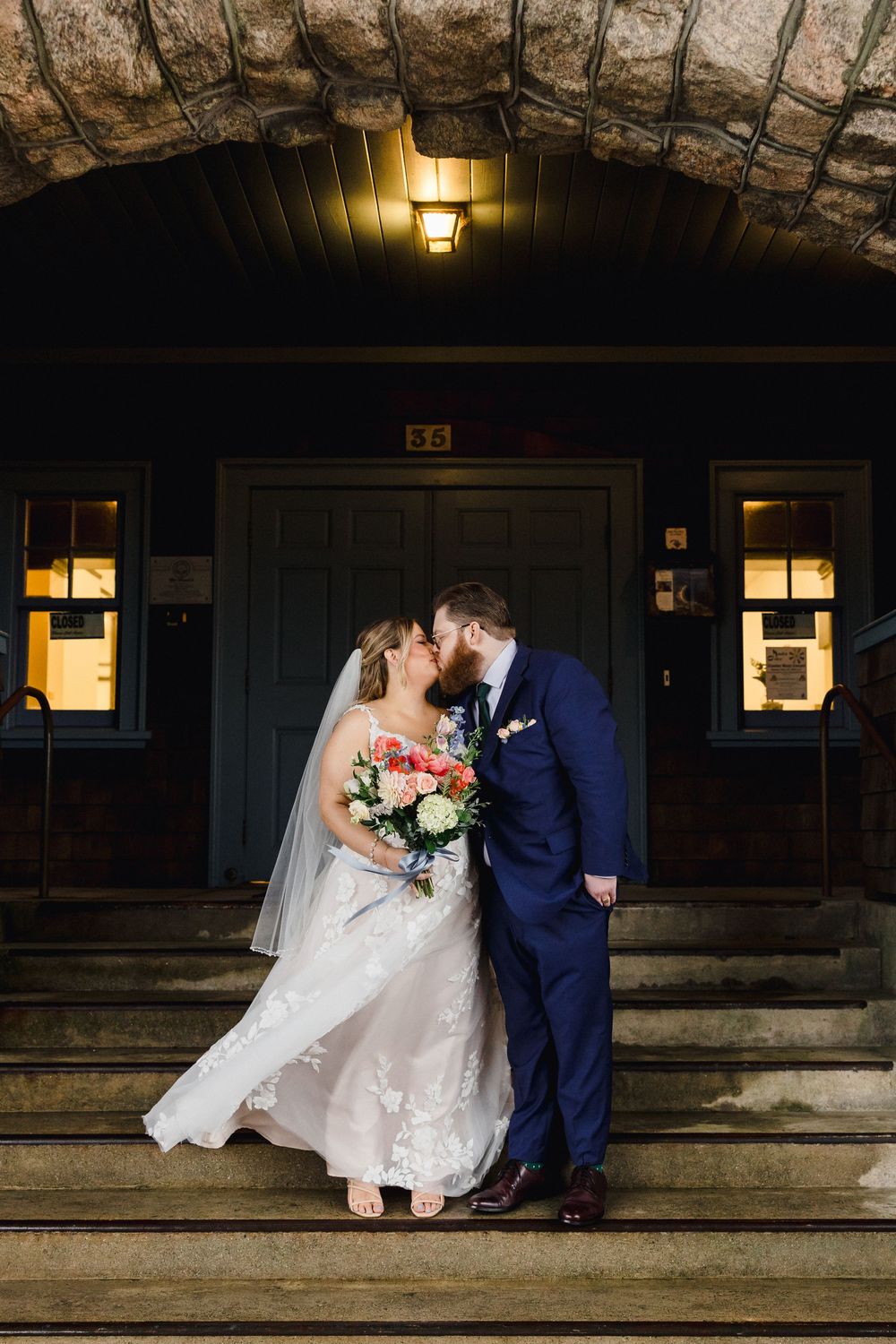 A series of romantic wedding photos showing a couple on stone steps in evening lighting.