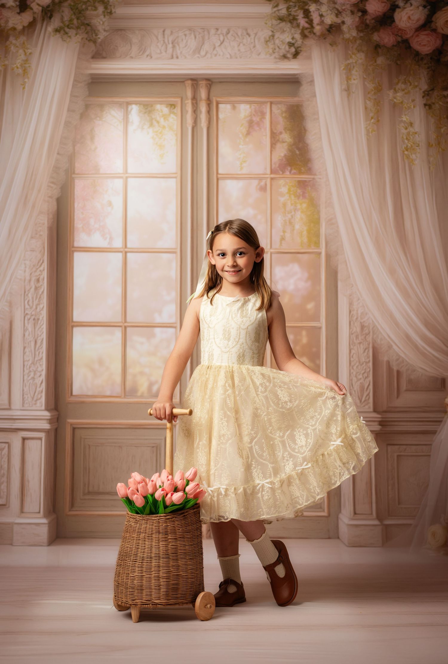 Flowing copper-colored ballgown with tulle layers photographed against dramatic studio backdrop.