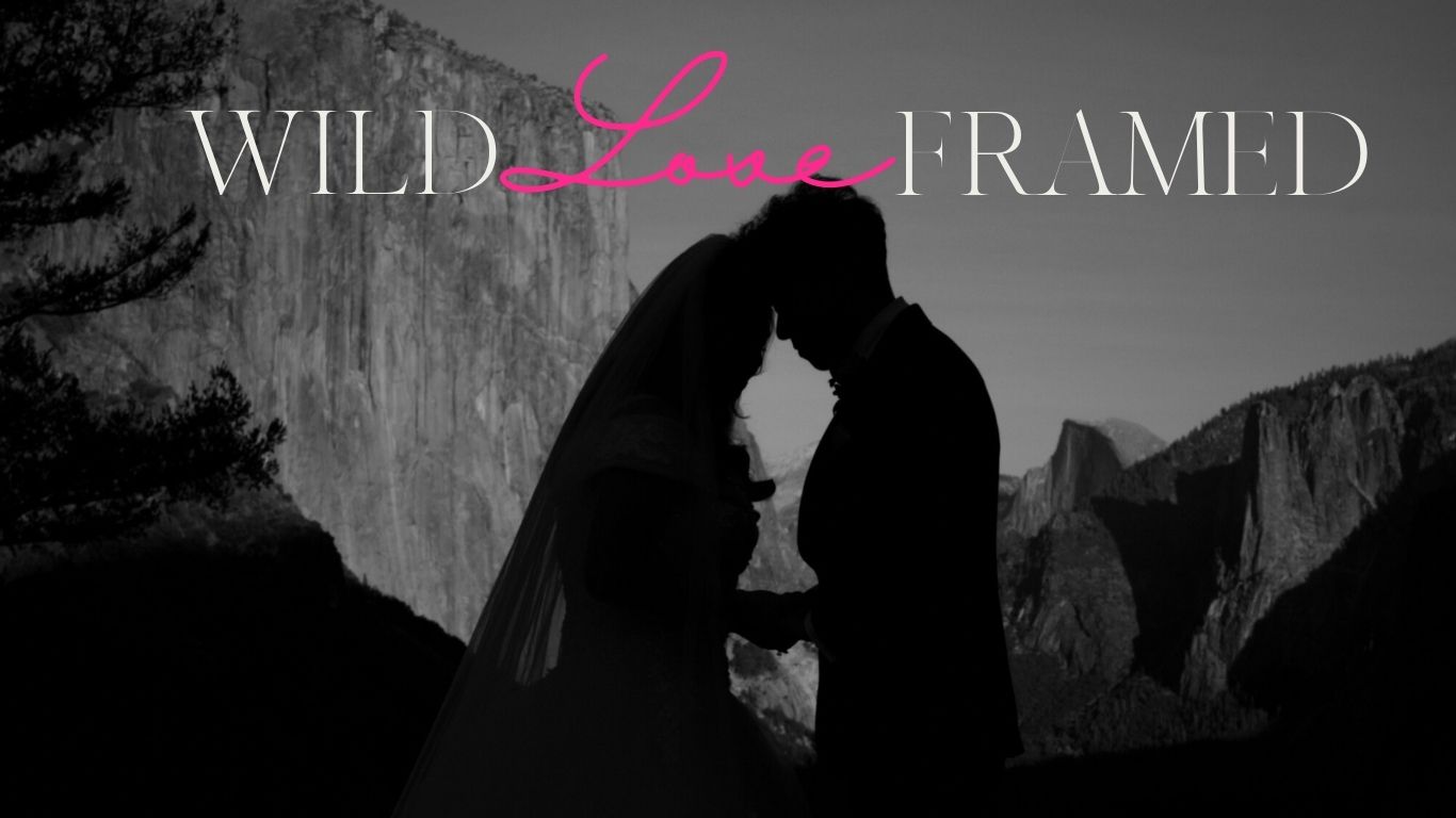 Silhouetted elopement couple stand against a dramatic mountain backdrop at dusk at Tunnel View, Yosemite. Title Wild Love Framed