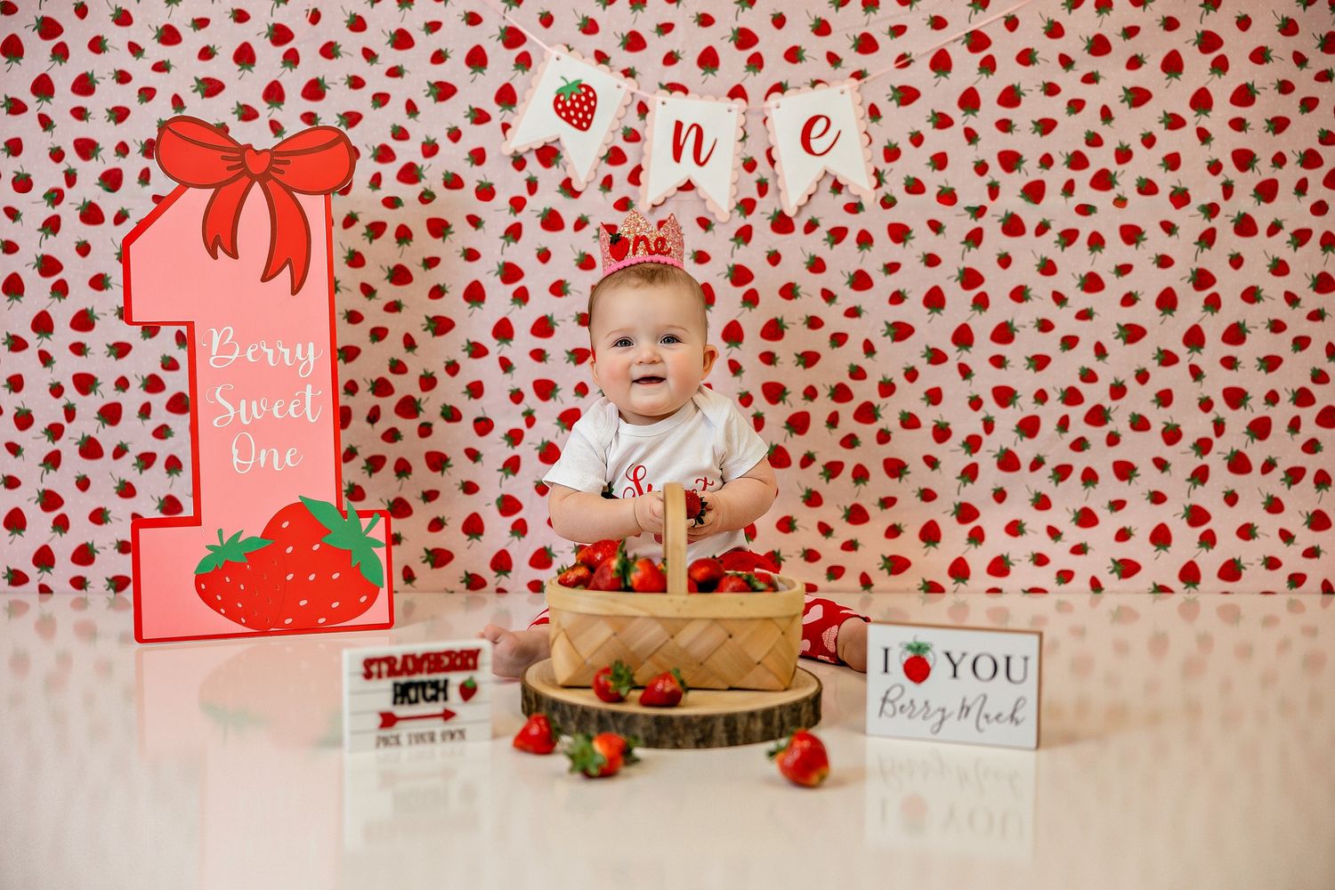 Valentine's themed photo setup with red heart decorations and props.