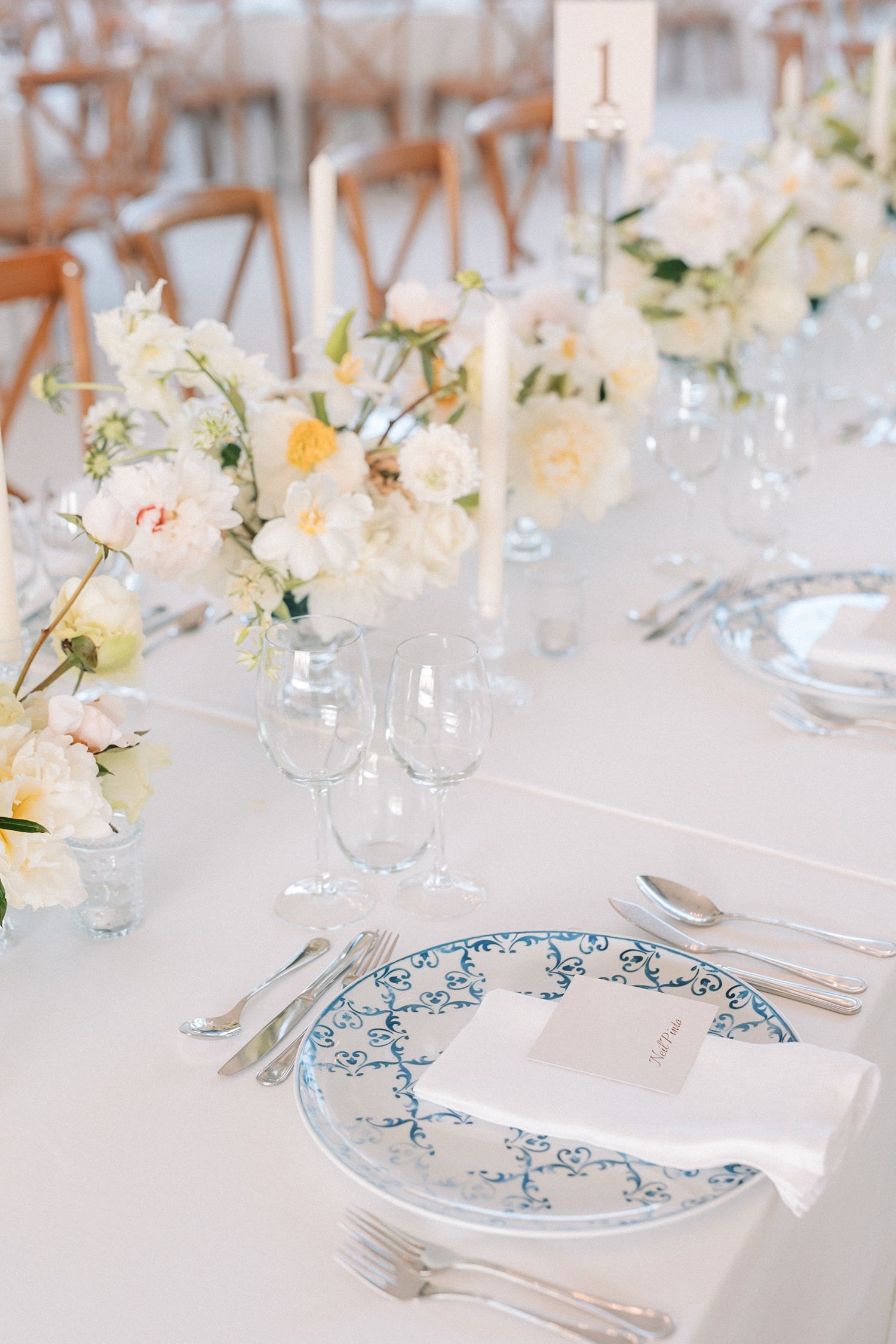 Blue Portuguese tile-inspired wedding table setting at luxury celebration in Portugal
