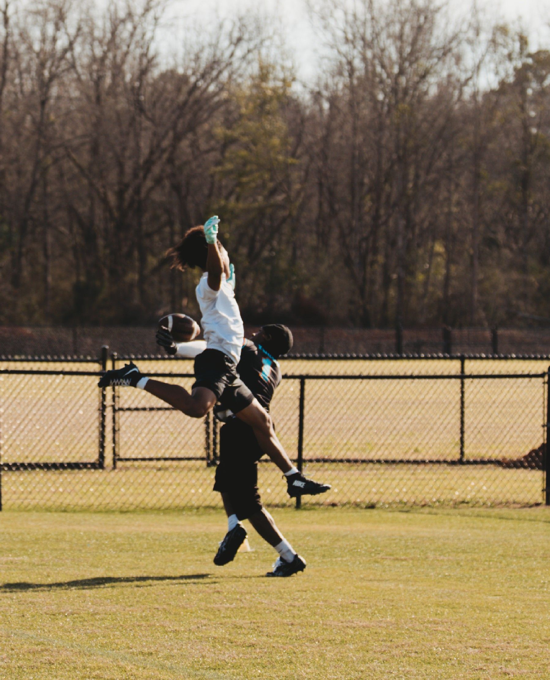 A sequence of four action shots showing a soccer goalkeeper making a diving save on a grass field.