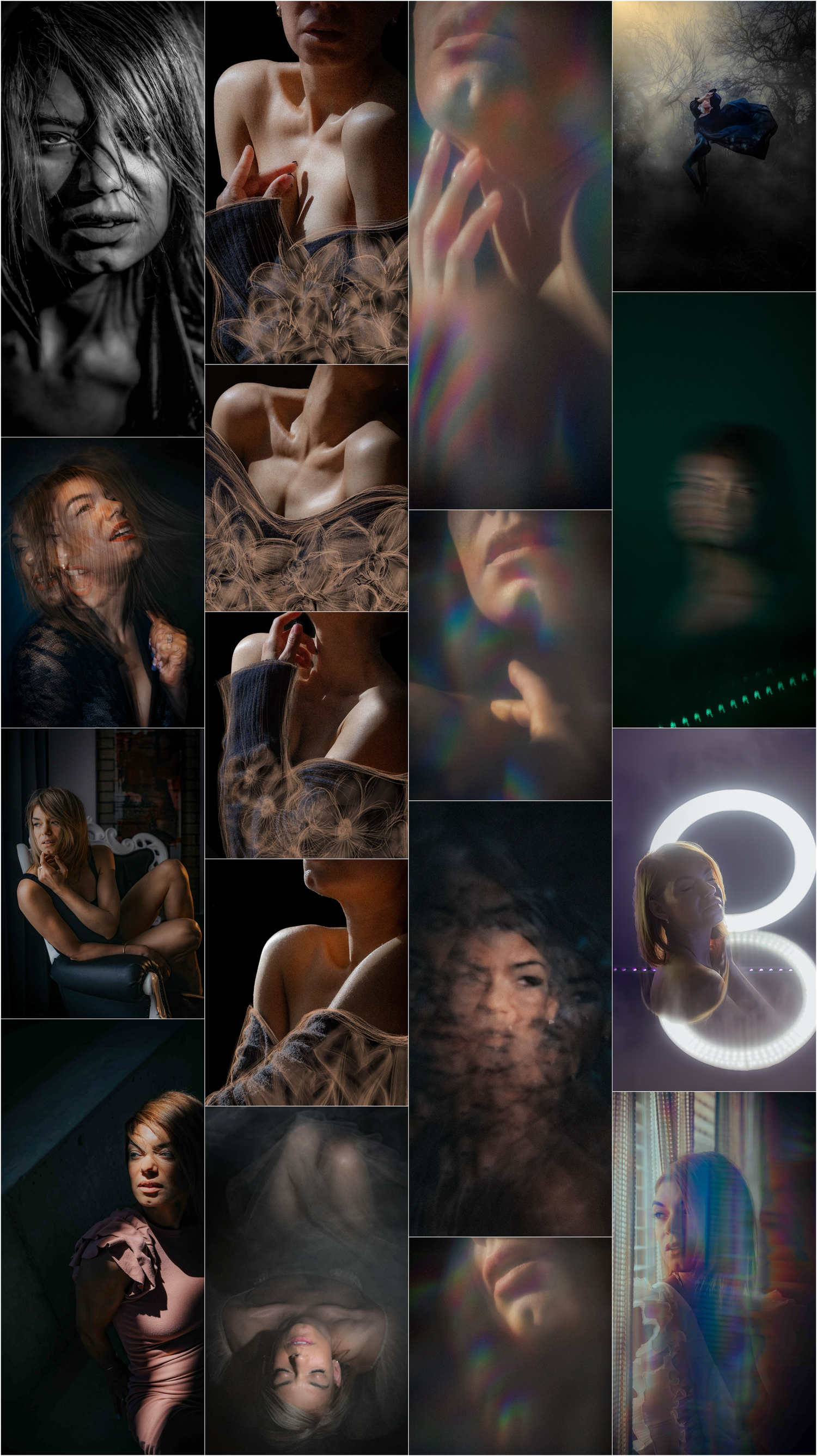 A moody photo collage featuring artistic portraits with dramatic lighting, shadows, and ethereal double exposures.