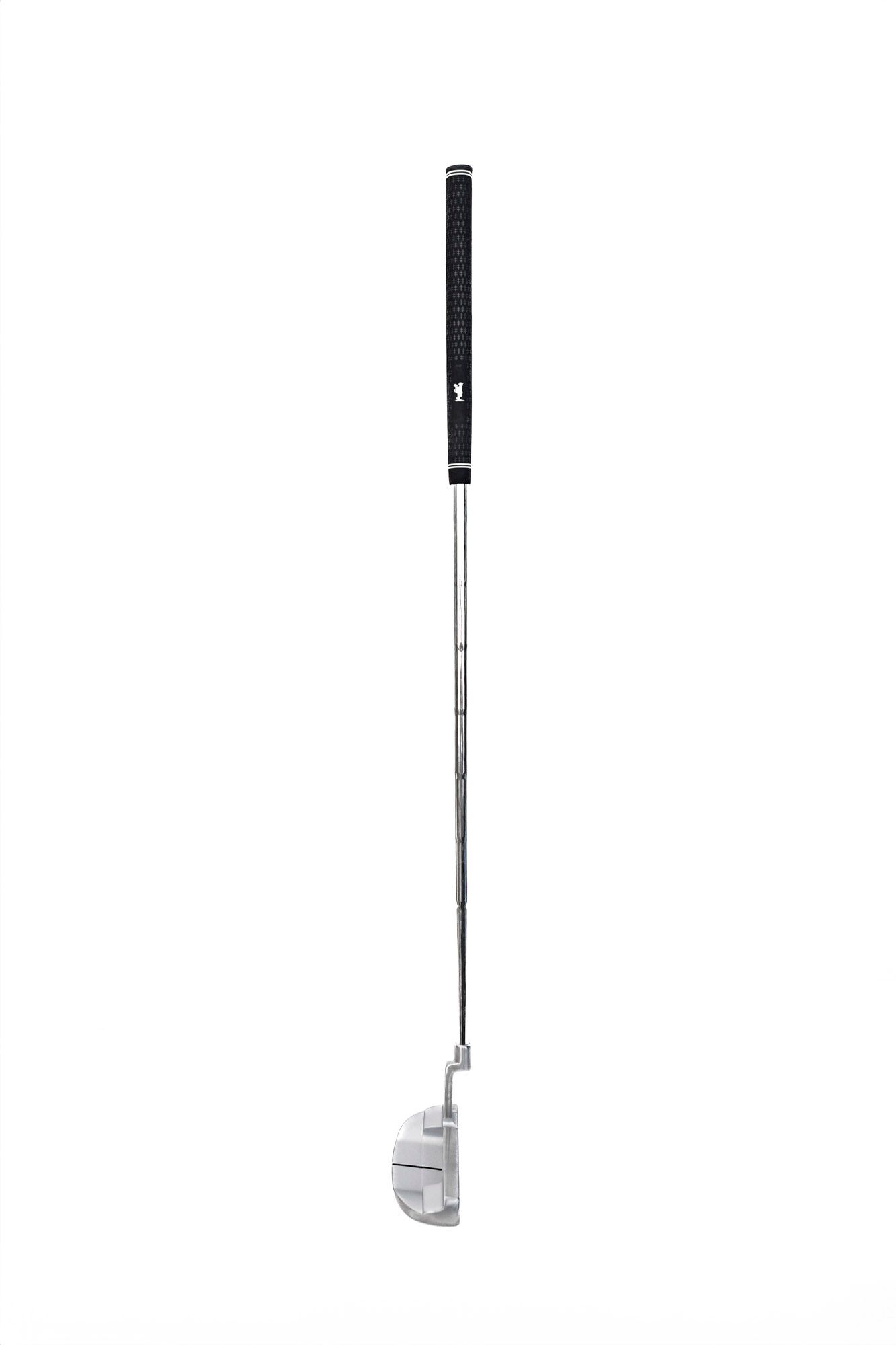 Black and silver golf putter shown in full length against white background for branding photoshoot