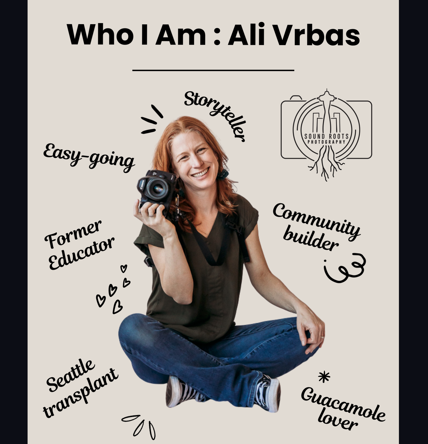 A collage of casual lifestyle photos showing someone sitting cross-legged and gesturing with handwritten text overlays.
