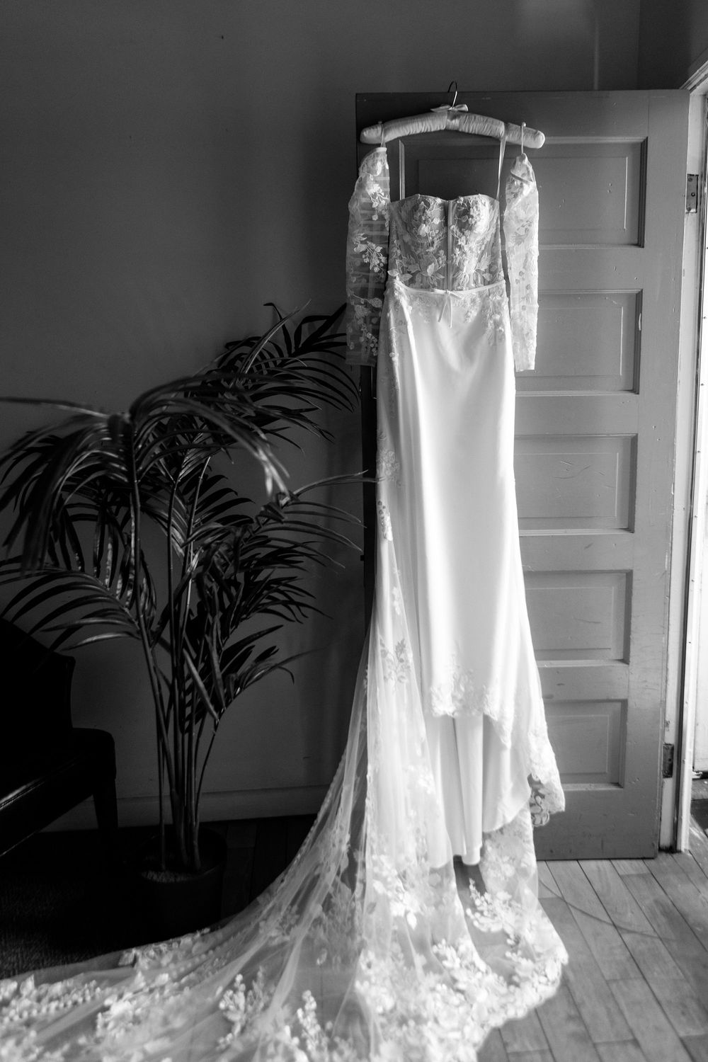 A beautiful white lace wedding dress hangs elegantly against a dark background with palm plants visible.