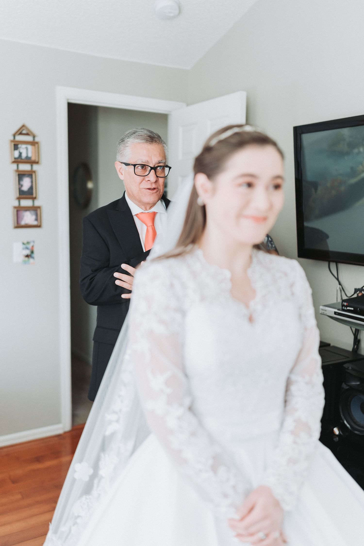 A series of photos showing a bride in a white wedding dress and veil during a wedding celebration in a home setting.