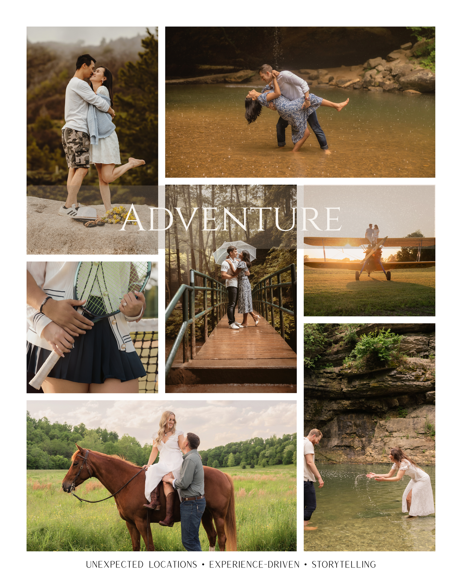 A collection of outdoor adventure and engagement photos showcasing couples in scenic natural settings. Columbus, Ohio.