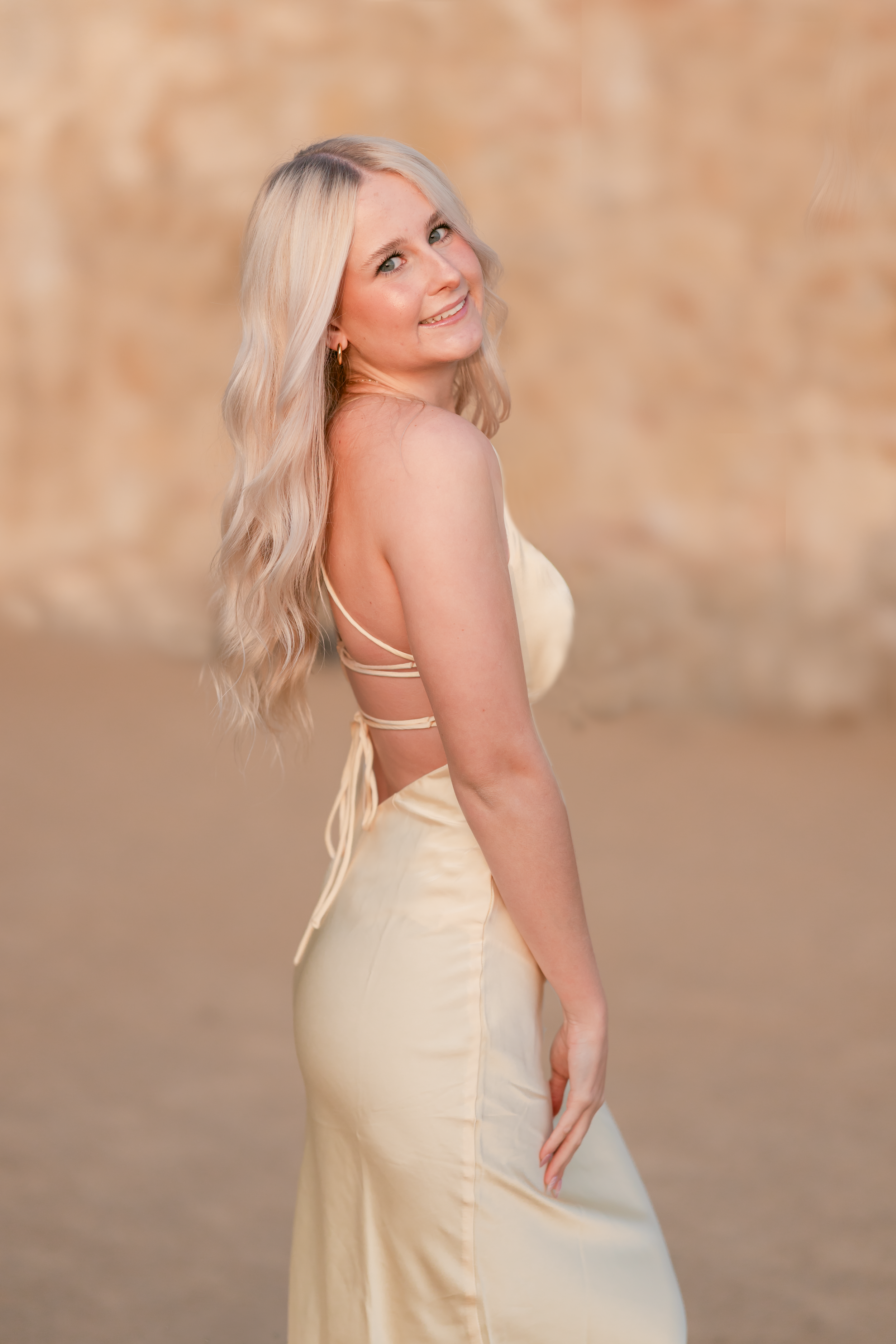 Portrait series showing joyful expressions and blonde hair against a soft blurred outdoor background.
