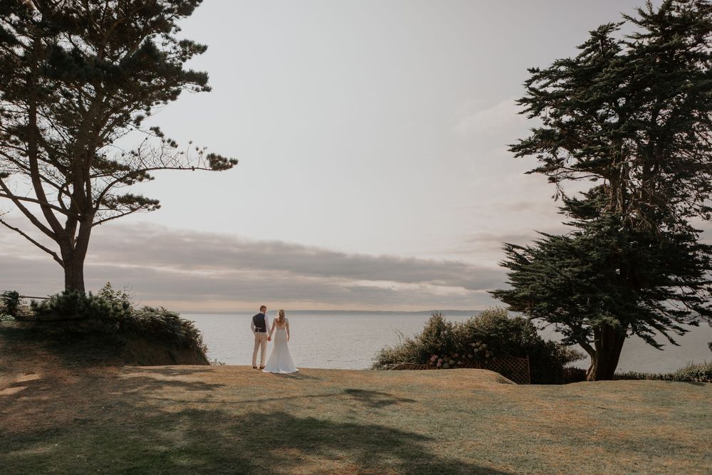 Distant wedding couple holding hands between tall trees with peaceful ocean horizon behind them.