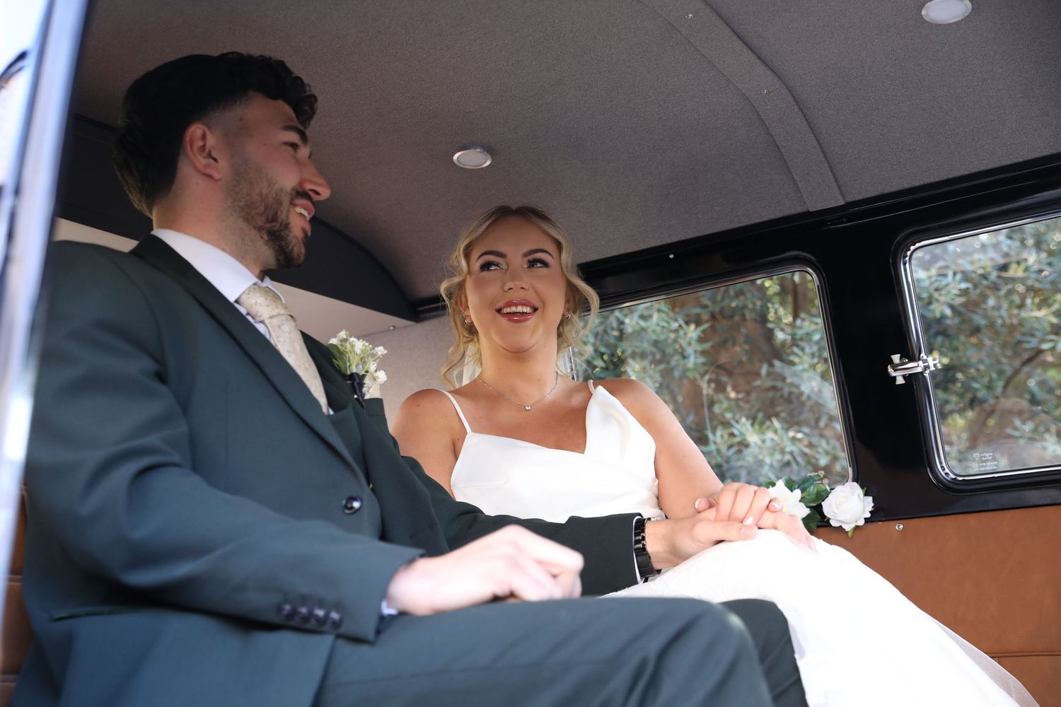 A series of four photos showing people sitting in a car interior, with one person appearing to laugh in the last frame.