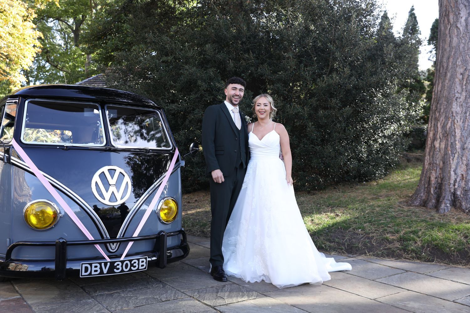 A series of wedding photos showing couples posing with vintage Volkswagen vans and classic cars at outdoor venues.