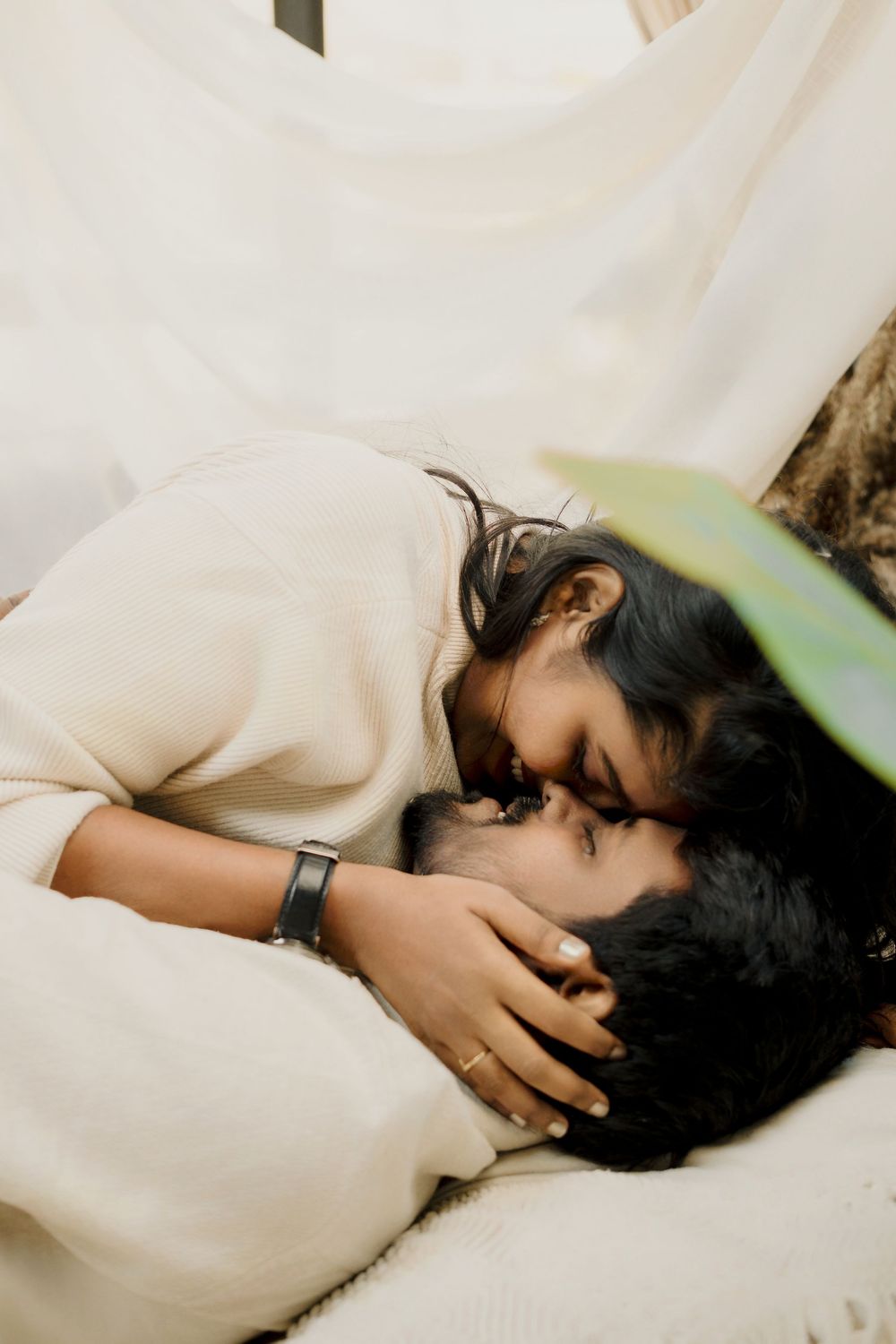 Dreamy sequence of romantic photos with soft lighting and white fabric elements.