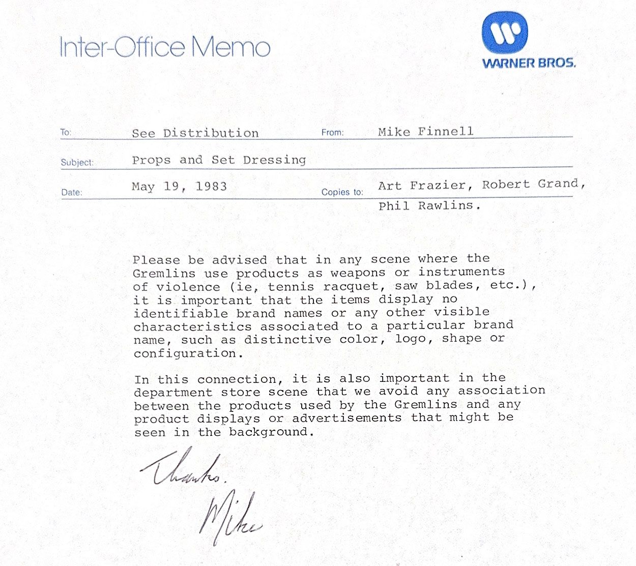 WB memo about violence and products
