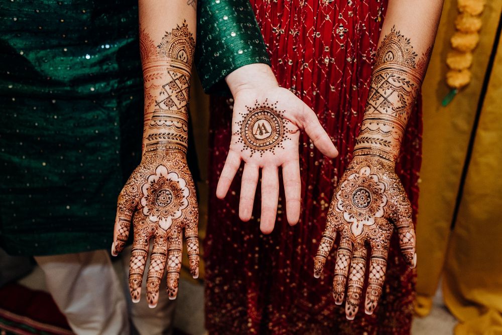 Detailed view of traditional henna mehndi designs on hands for wedding ceremony.