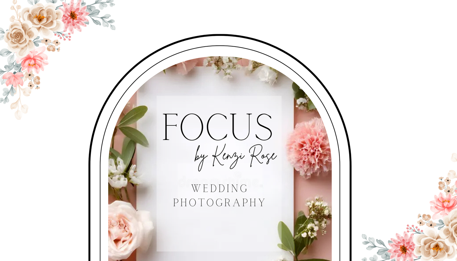 Elegant wedding photography logo design with arch frame decorated with pink roses and green foliage.