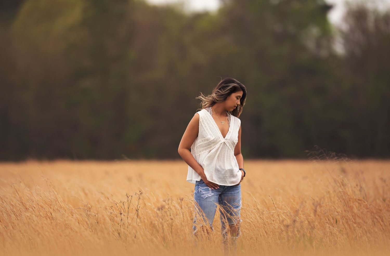 Person in casual attire walks through golden wheat field at sunset with trees in background.