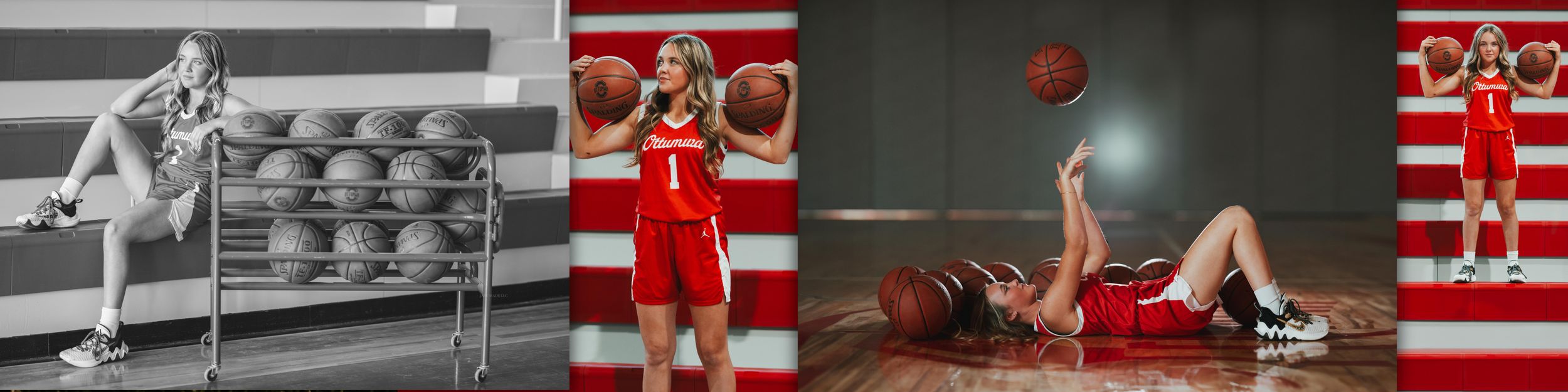 A sequence of athletic action shots showing basketball players in motion against an American flag backdrop.