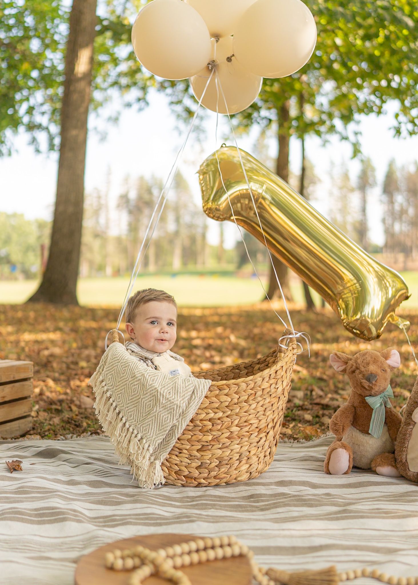 Outdoor fall photo setup with woven basket, knit blanket, gold number balloons, and white balloons against autumn trees.