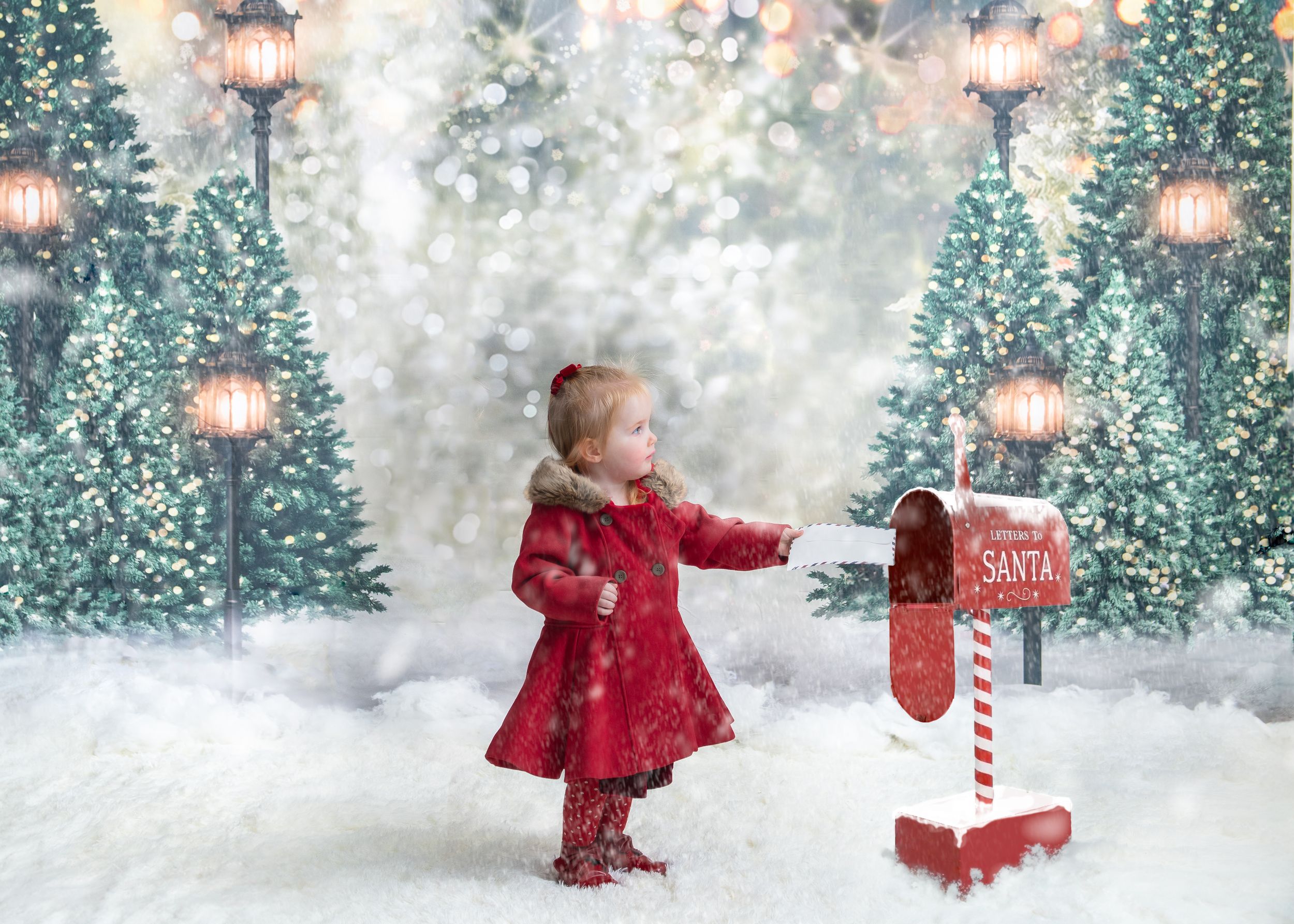 A child in a red winter coat explores a snowy winter wonderland scene with glowing lanterns and candy cane decorations.