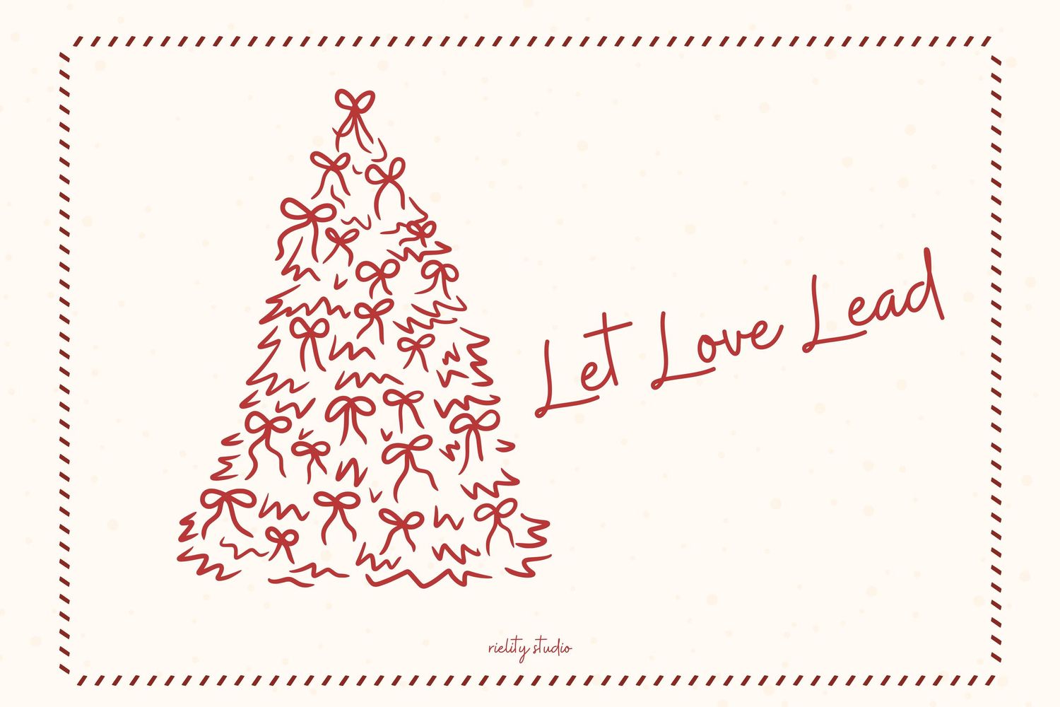 Decorative white Christmas tree design with 'let love lead' text on a red background.