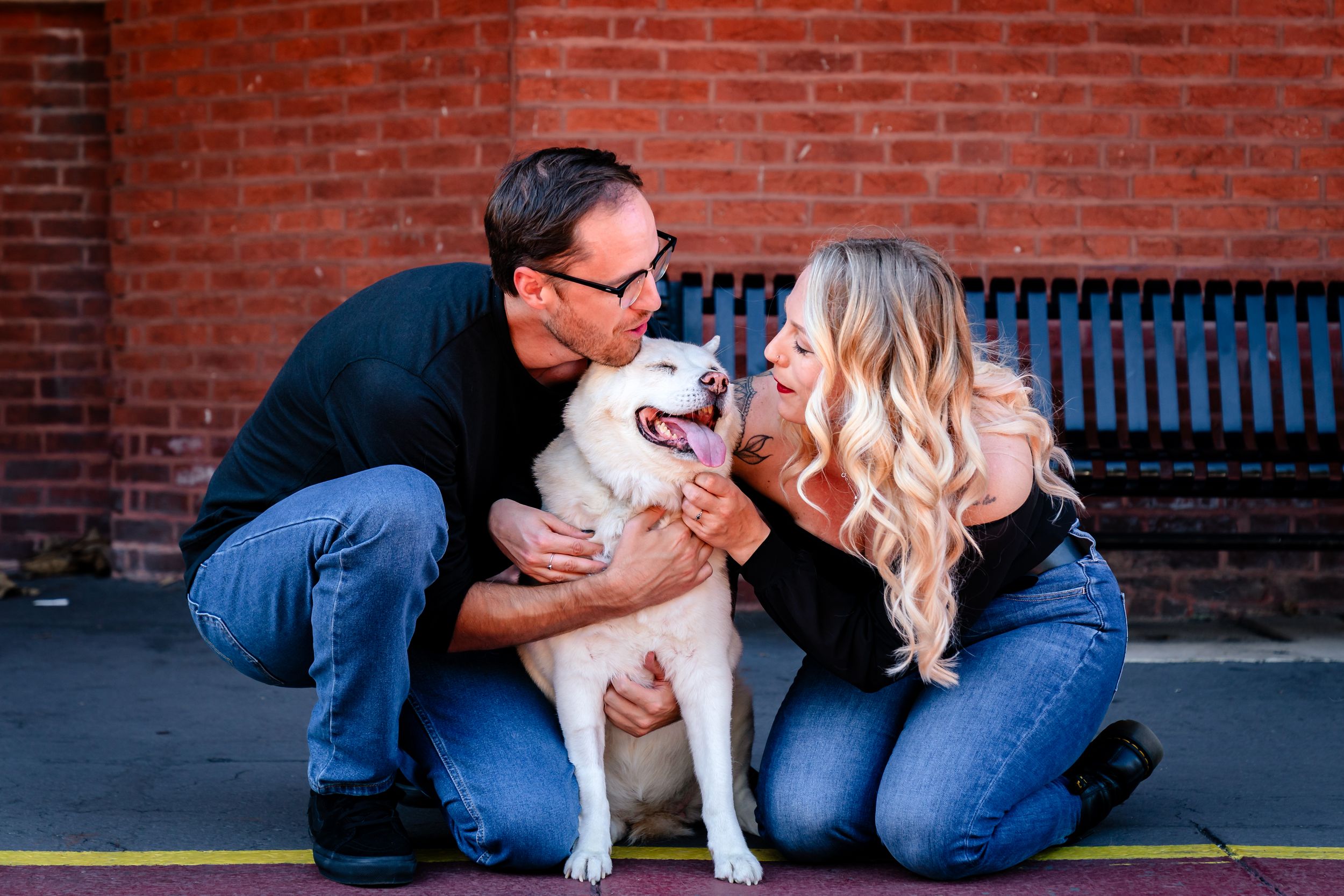 A playful white dog receives affection while sitting against a red brick wall.