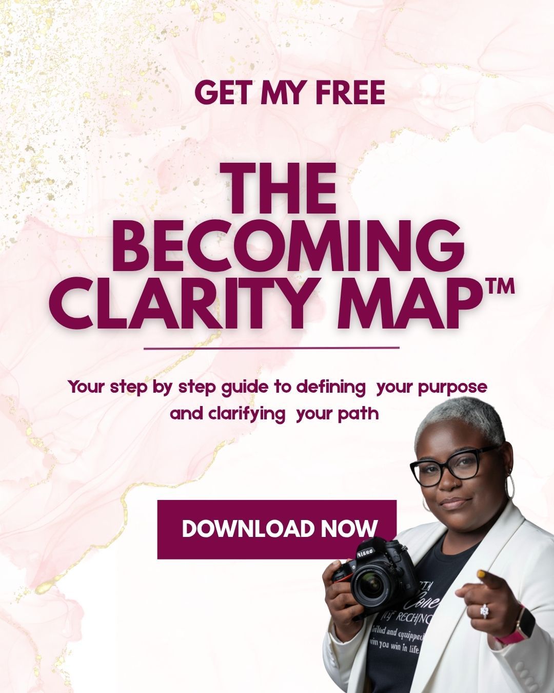 A promotional banner for a free downloadable clarity map guide with a pink watercolor background.