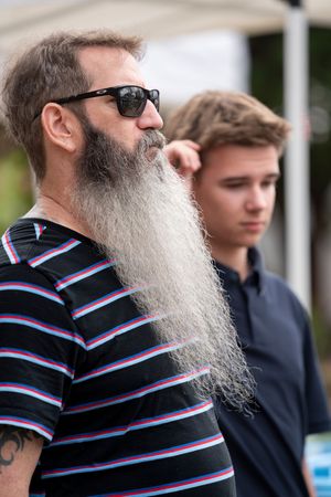 A series of profile views showing someone with a long grey beard wearing a striped polo shirt and sunglasses.