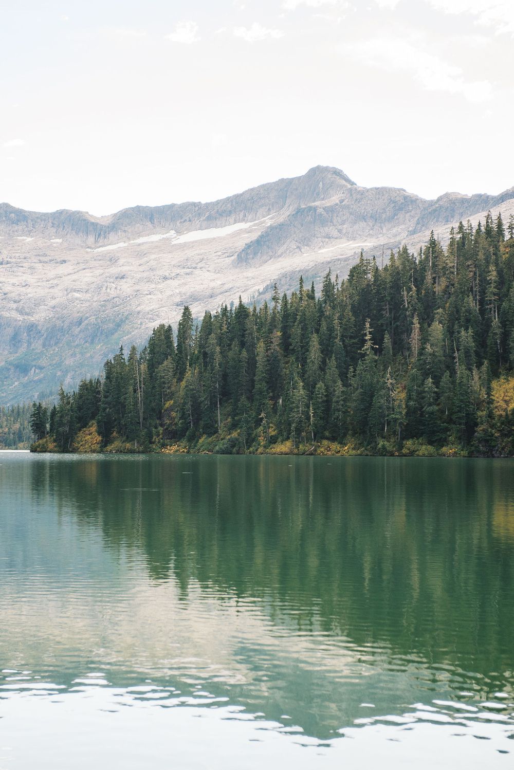 Pristine mountain lake with evergreen forest shoreline and snow-capped peaks reflecting in turquoise water.